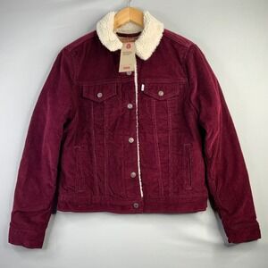 Levi Strauss Co Burgundy Corduroy Sherpa Lined Trucker Jacket Womens Medium